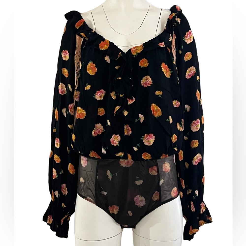 Free People Intimately Snap Bodysuit Blouse Poppy Sz L Ruffle Loose Sleeve BOHO